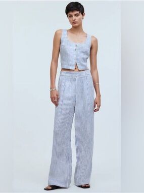 Madewell Harlow Wide-Leg Linen Blend Pants - Blue and White